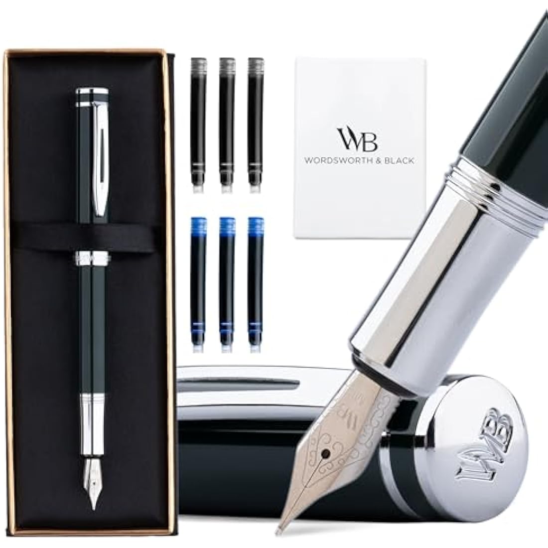 Wordsworth and Black Fountain Pen Mini EDC: Luxury Green Heavy Pocket Pen, Chrome Finish, Medium Nib, 6 Ink Cartridges, Ink Converter, Travel Refillable Writing Pen Gift Set, Men & Women