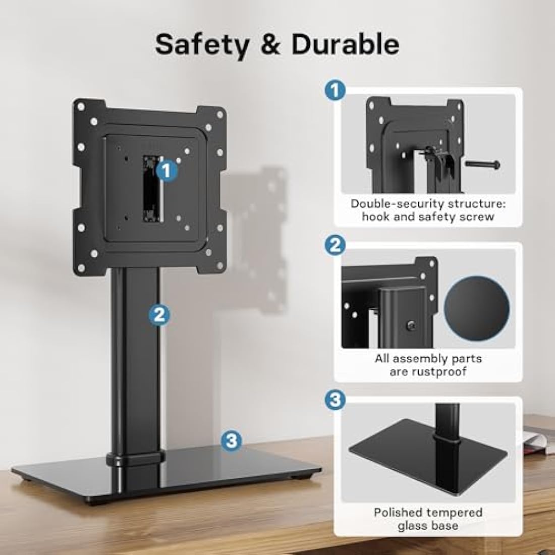 BONTEC Universal Swivel TV Stand for 17-43 inch Screens, Height Adjustable Table Top Pedestal TV Stand for LCD/LED/OLED/Plasma/Curved TVs up to 45kg, 2 Cable Ties Included