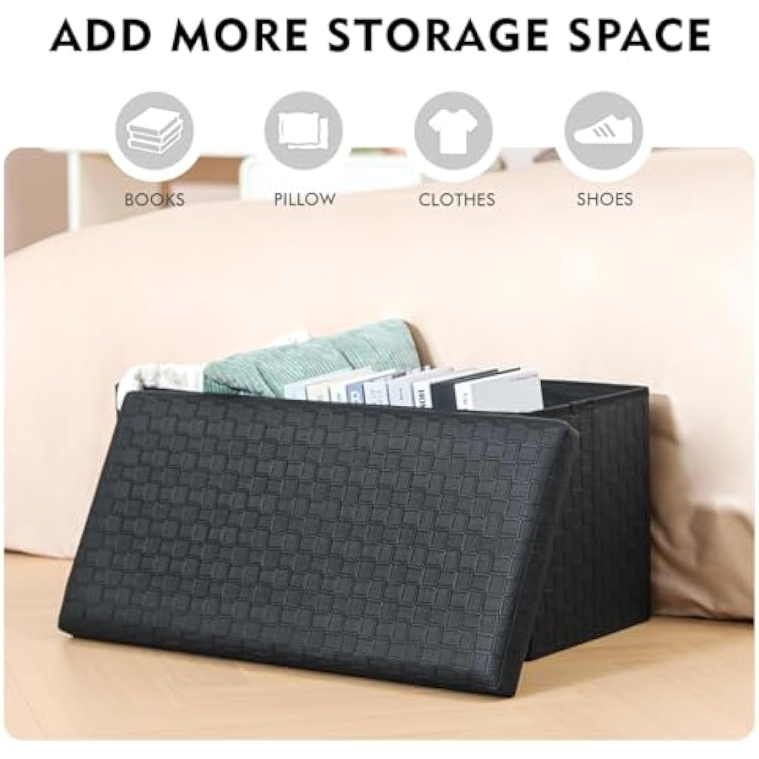 Bonlife Black Ottoman Storage Bench, Foldable Seat Faux Leather Foot Stool Storage Box with Lids for Kids Toys,Living Room, Hallway, Bedroom, 76 * 38 * 38cm