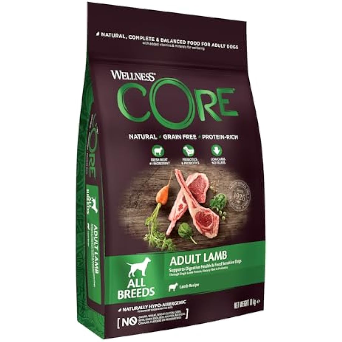 Wellness CORE Adult Lamb, 10kg, Lamb, Dry Dog Food for All Dog Breeds, All-Natural, Grain-Free, High Meat Content, Protein-Rich, Supports Healthy Digestion