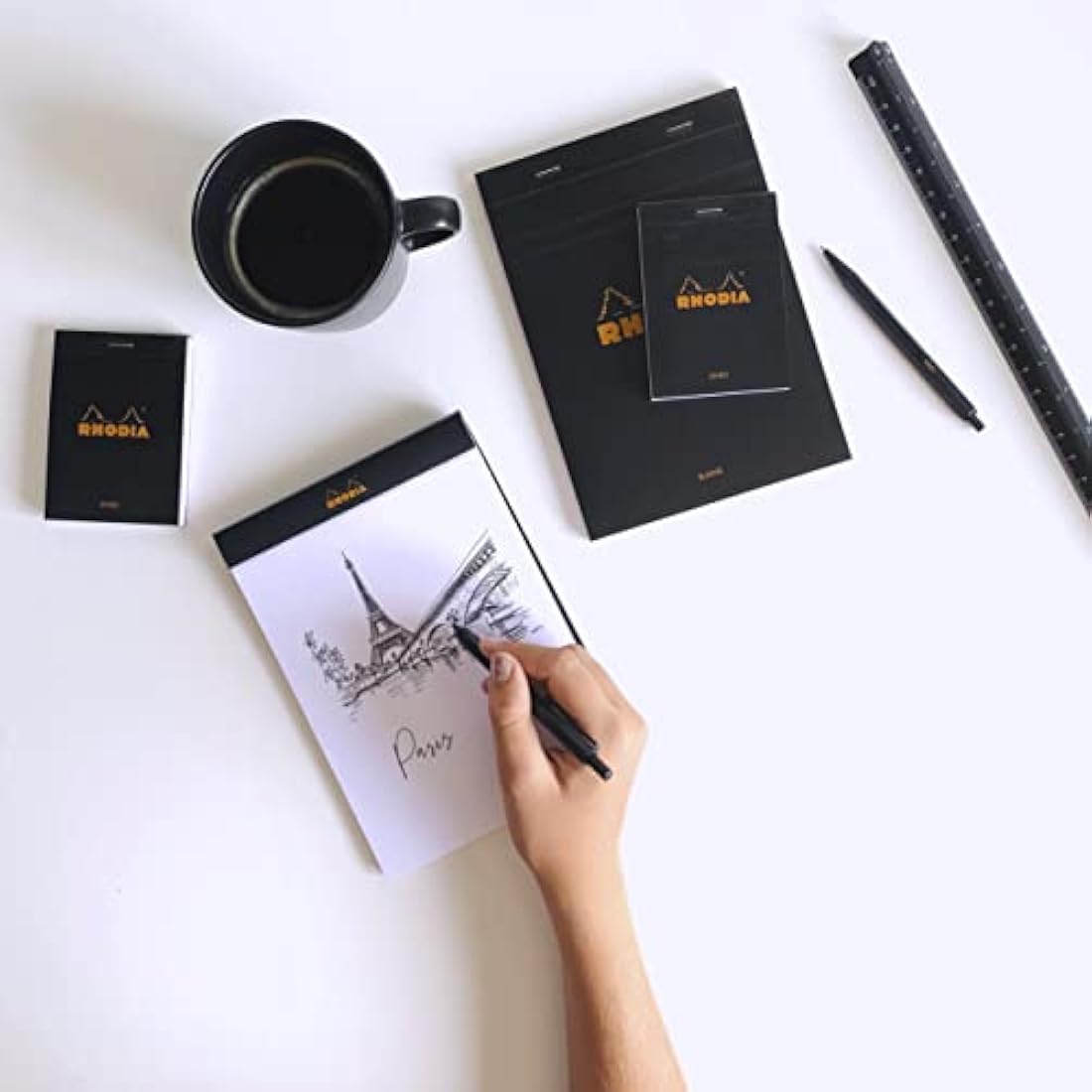 RHODIA 190009C - Stapled Notepad N°19 Black - A4+ - 80 Detachable Sheets - Plain White Clairefontaine Paper 80 g/m² - Coated Card Cover - Pack of 5 pads