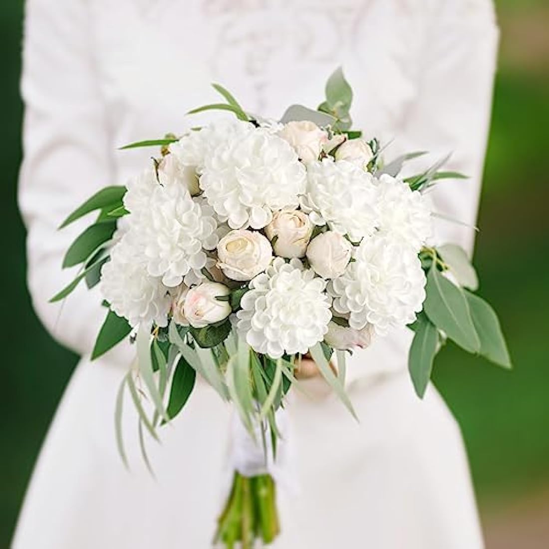 N&T NIETING Artificial Flowers 20pcs Fake Dahlia Flowers with Leaves and Stems, Foam Dahlia DIY Flower for Wedding Bouquets Floral Centerpieces Arrangements Shower Party Home Decor, White