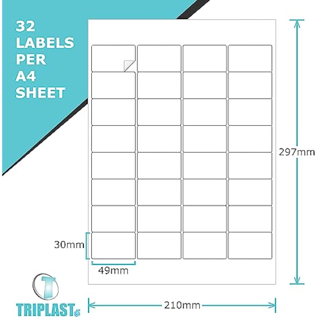 Triplast 50 x Multipurpose A4 Label Sheets - 32 Labels Per Sheet (49 x 30mm Each) - Easy Peel White Labels for Inkjet & Laser Printer - Address Labels, Shipping Labels, File Labels, DIY Stickers
