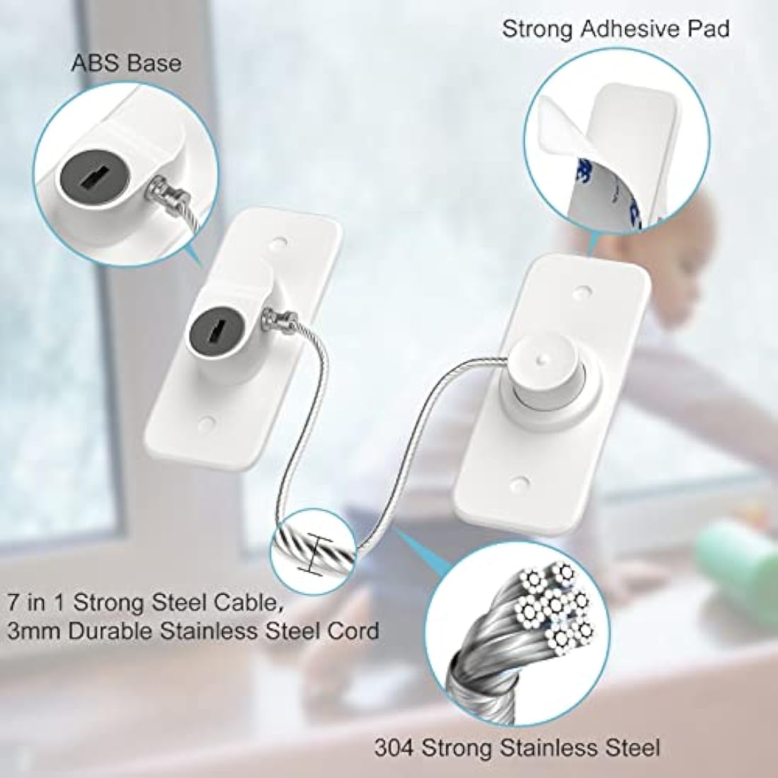 Window Safety Lock AOSITE 4 Packs Versatile Window Restrictor Self Adhesive for UPVC No Drilling Window Locks, Refrigerator Lock with Key Child Pet Child Safety Cable Lock for Childproof