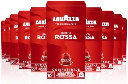 Lavazza, Qualità Rossa, 100 Aluminium Coffee Capsules Compatible with Nespresso Original Machines, Chocolate Notes, Arabica & Robusta, Intensity 10/13, Medium Roasting, Zero CO2 Impact, 10 Packs