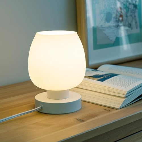 ONEWISH Touch Bedside Table Lamp Set of 2 - Small Modern, 3-Way Dimable Desk lamp with White Opal Glass Lamp Shade, 3000K LED Bulb, Simple Design Home Décor for Bedroom Living Room Nightstand