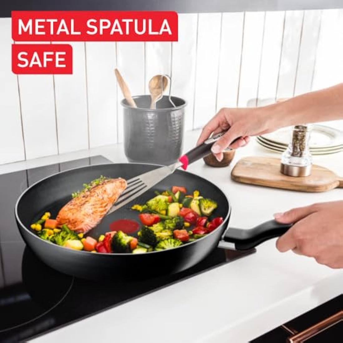 Tefal Titanium Essential Frying Pan 30 cm, Non-Stick Coating, Metal Safe, Compatible with All Hobs Except Induction, Flawless Glide, Everyday Use, B9410744