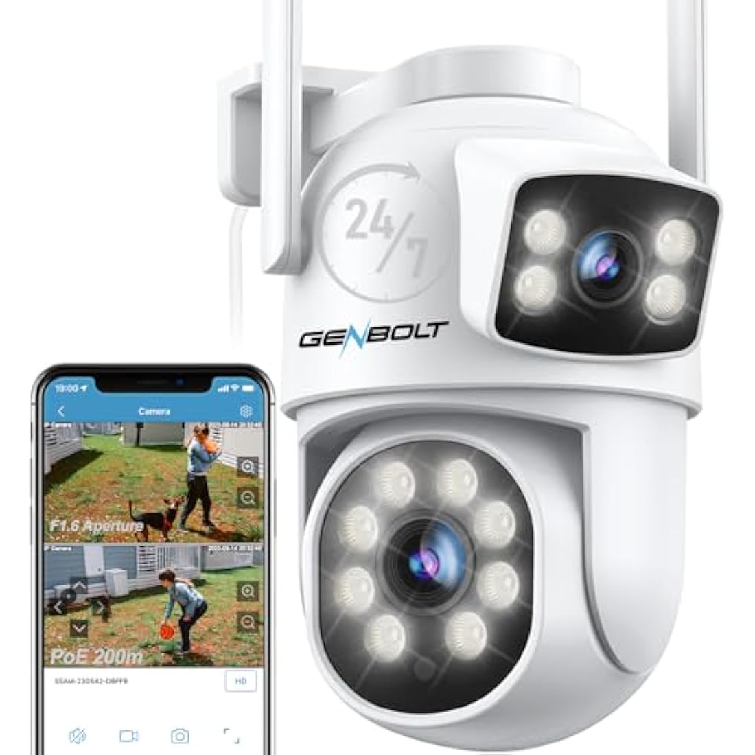 GENBOLT PTZ WiFi Security Camera Outdoor, CCTV Camera with Dual View, Dual lens Home Surveillance IP Camera with Color Night, Auto Tracking Humanoid Detection [DC&PoE]