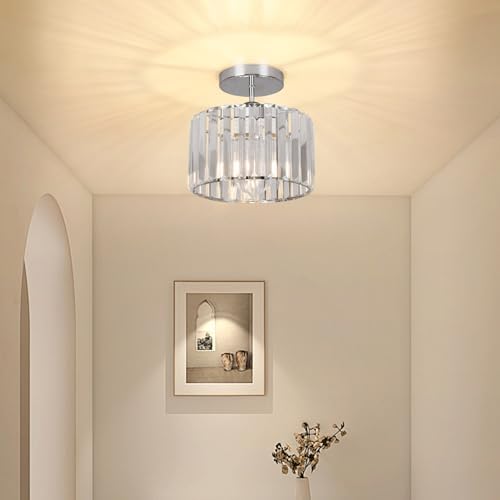 ZYDTRIP Crystal Ceiling Light Fixture Semi Flush Mount Ceiling Lamp Modern Silver Crystal Chandelier for Living Room Hallway Dining Room Kitchen
