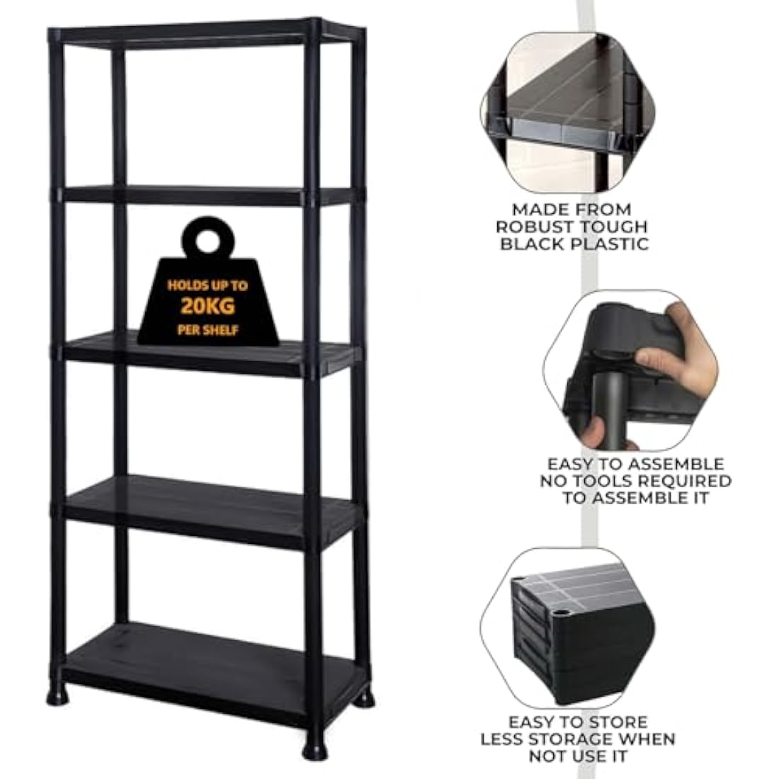 DENNY 5 Tier - Plastic Shelving Unit | Garage Shelving Units | Storage Shelves | Shelving Units for Storage | Plastic Racking | Racking Shelving Unit Warehouse, Garage, Shed, and Workshop