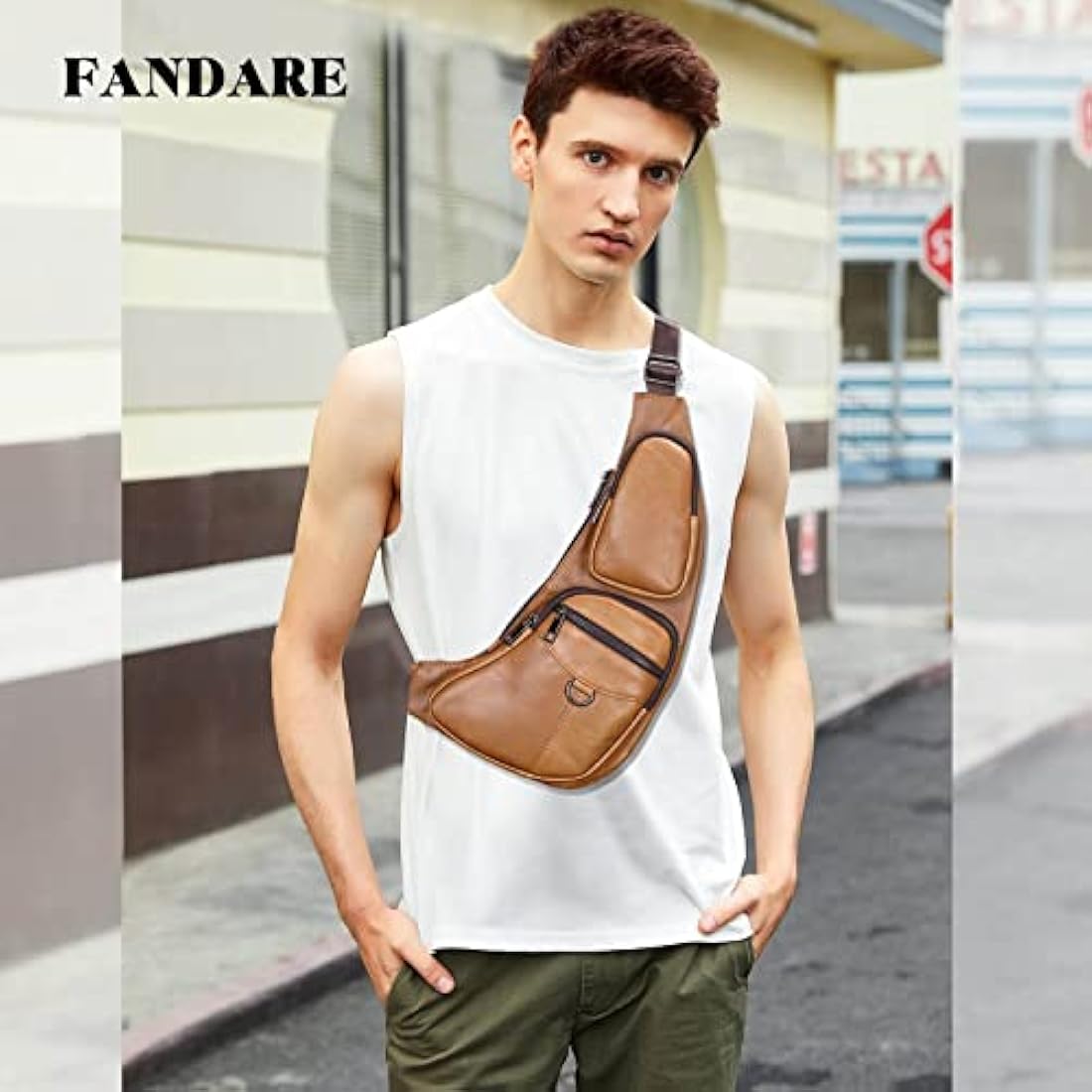 FANDARE Retro Sling Bag Genuine Leather Chest Crossbody Bag Hiking Cover Pack Rucksack Waterproof Shoulder Bag Sling Backpack for Business Travel Hiking Bicycle Sport Gym Pack Yellow