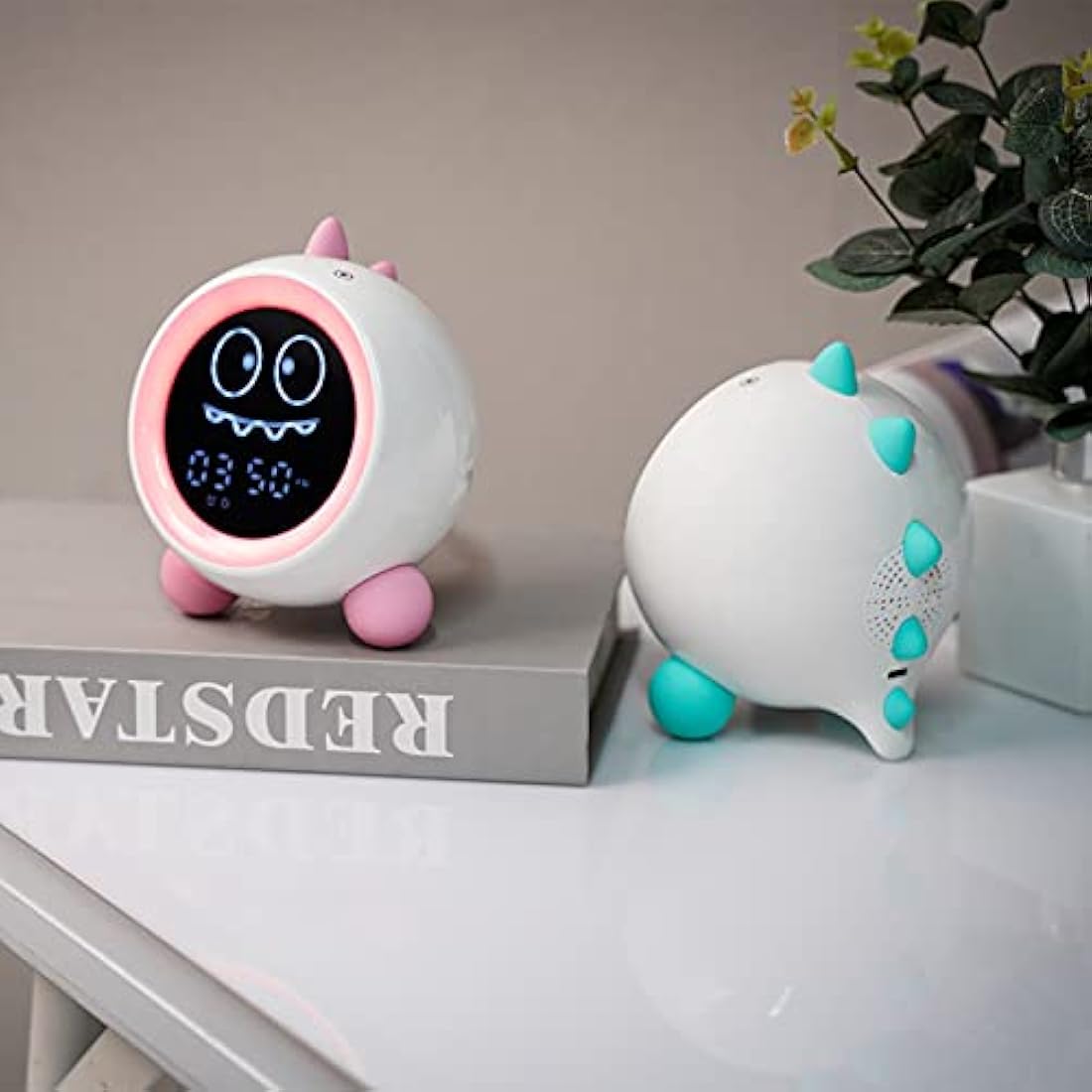 Kids Alarm Clock, Toddler Sleep Training Clock with Night Lights, Sound Machine, Time to Wake Dinosaur Alarm Clock for Children (Pink)
