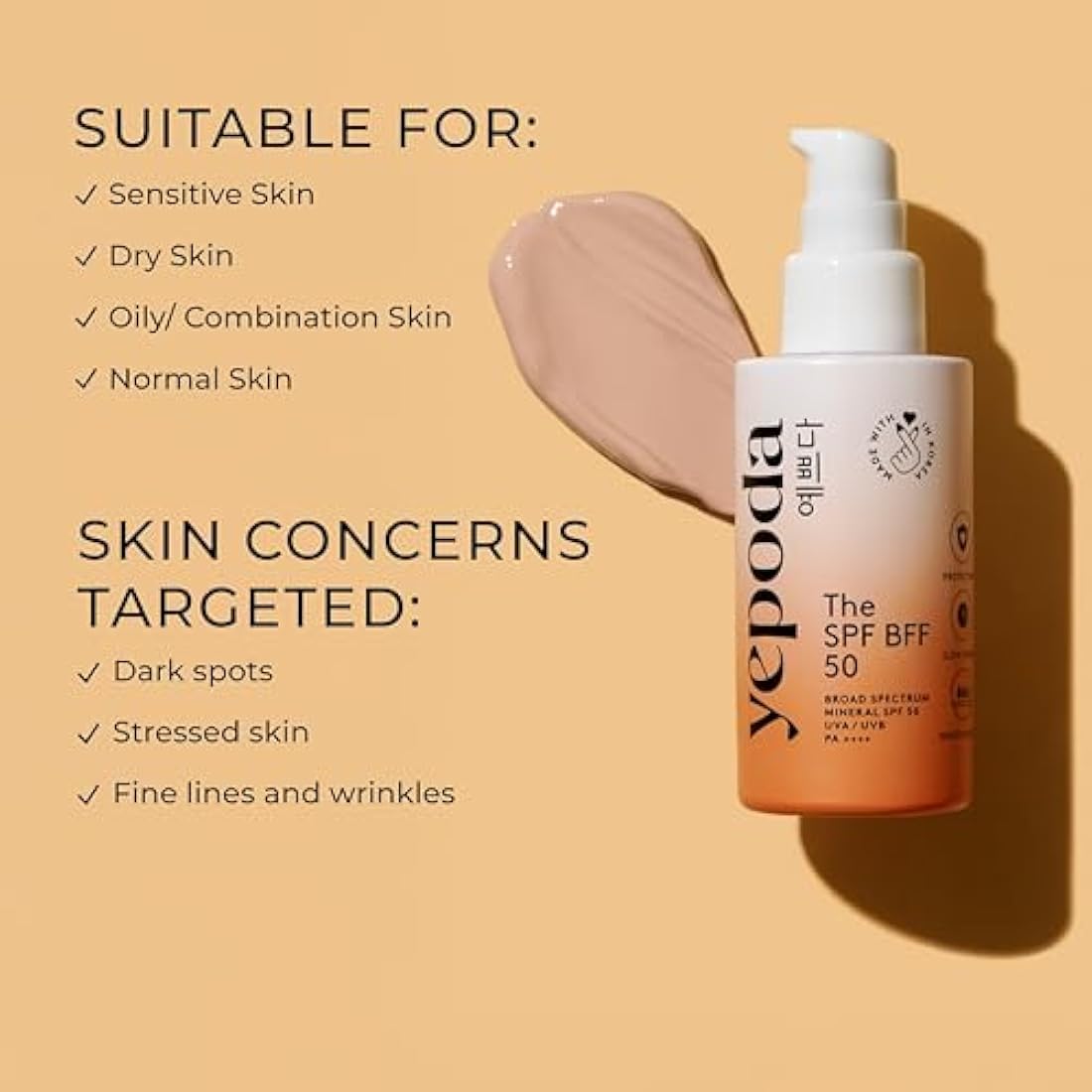 Yepoda Tinted Sunscreen - The SPF BFF, Day Cream with Sun Protection Factor (SPF 50), Mineral Zinc Sunscreen with Moisturizing Aloe Vera and Hyaluronic Acid (50 ml)