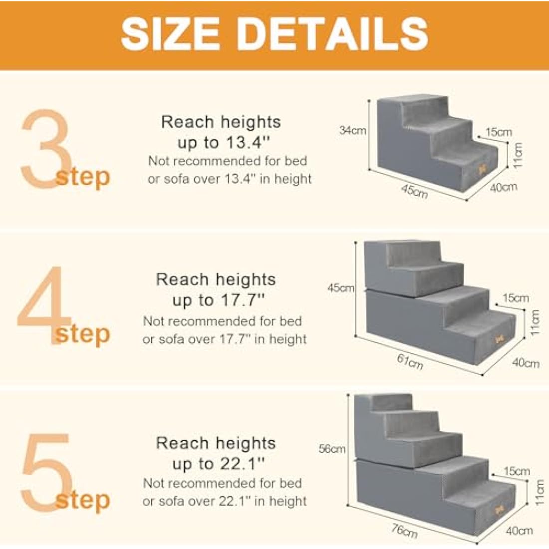 Nepfaivy Dog Steps Stairs for Bed - Non-Slip Pet Stairs for Small Dogs and Cats, 5-Steps Dog Ramp for Sofa with High Density Foam and Removable Cover, 76x40x56cm