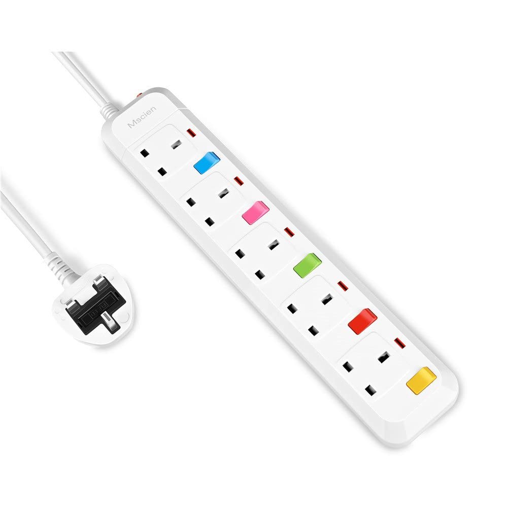 3M Extension Lead 5 Way Individually Switches, Mscien Extension Sockets Wall Mountable Extension Cord with 3 Meter Cable (Including Main Product) 5
