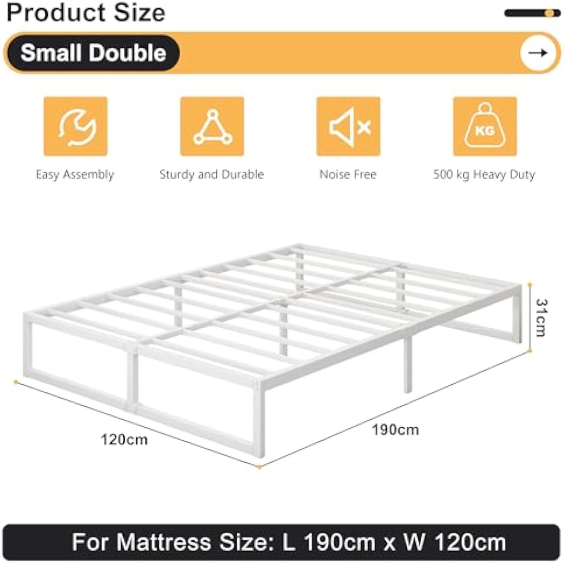 Yicensen Small Double Bed Frame 120x190 cm, Metal Bed Frame Small Double with Steel Slat Support, Easy Assembly, Noise Free, No Box Spring Needed, 30cm High, White