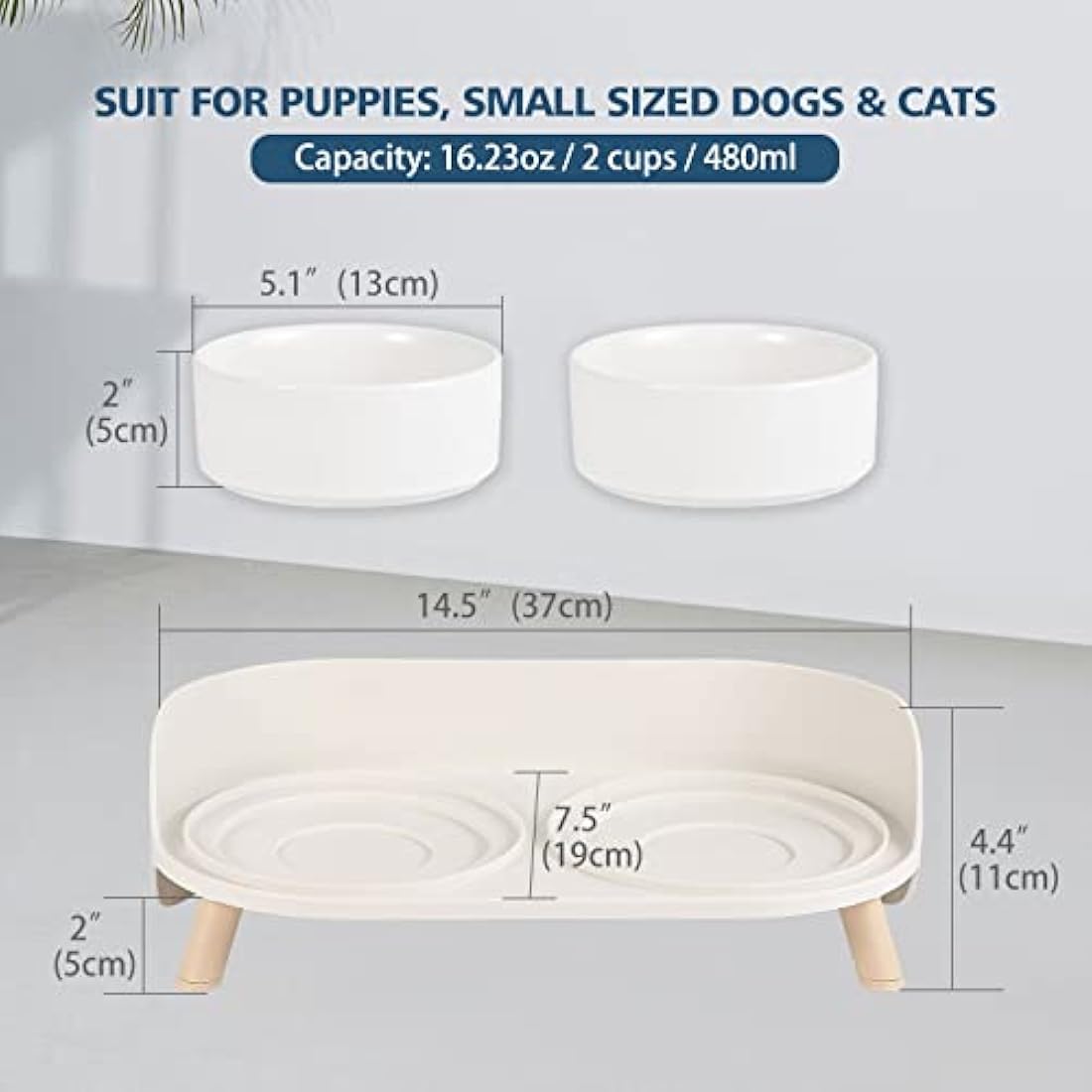 Raised Ceramic Cat Food Bowl Set - Elevated Dog Bowls with Non-Slip Stand - Tall Cat Dishes - 2 x 480 ML - 16.2 OZ