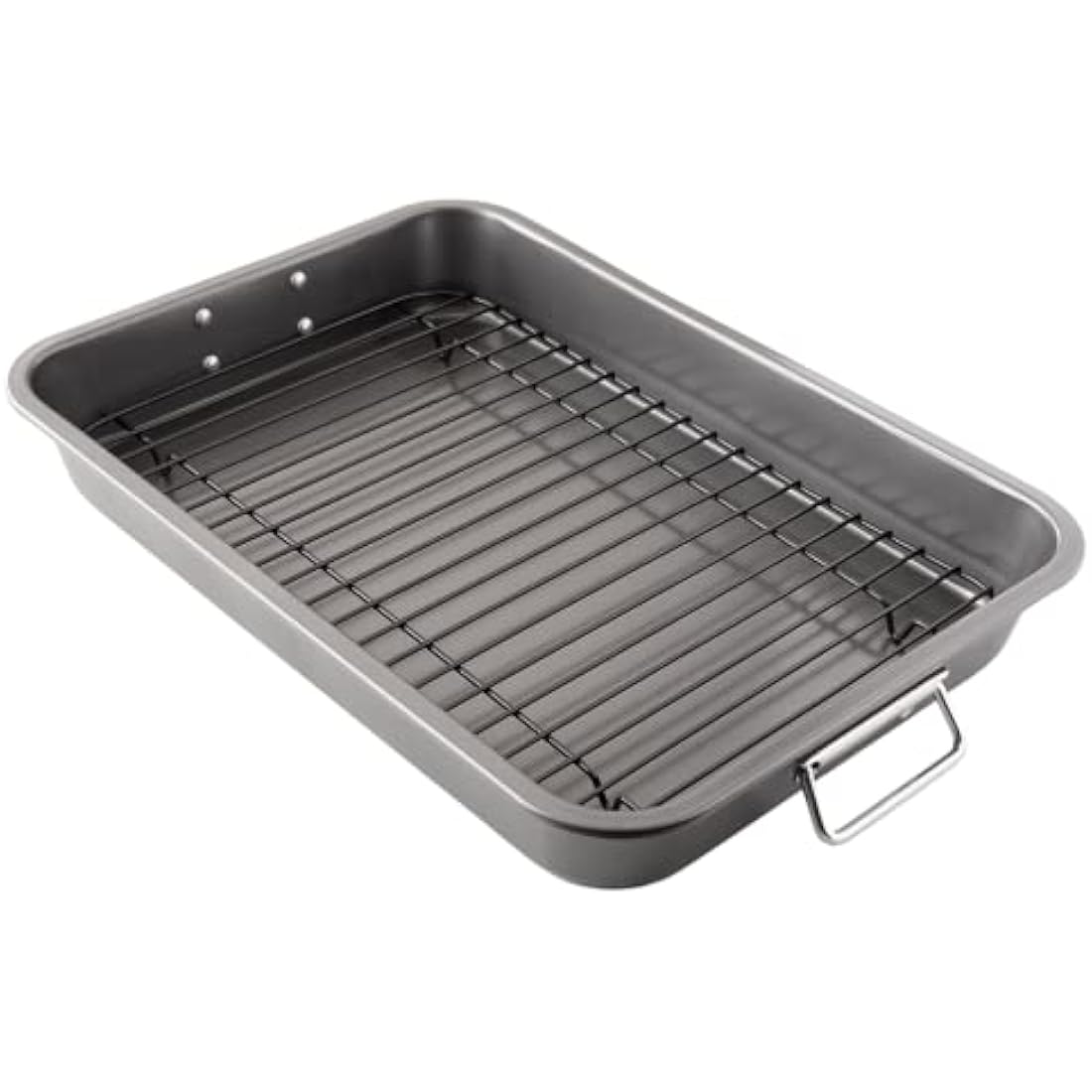 Chef Pomodoro Nonstick Carbon Steel Roasting Pan Roaster with Flat Rack, 16 x 11-Inch (41cm x 28 cm), Large, Grey, Bakeware Rectangular Oven BBQ Baking