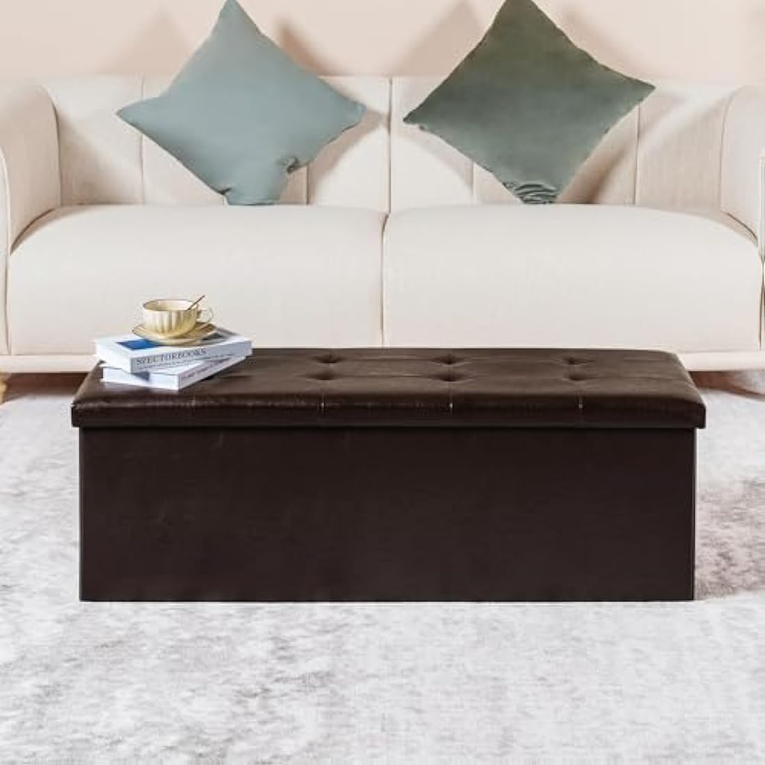 Bonlife Storage Ottoman, End of Bed Bench,Chest with Lid, Faux Leather Foldable Bench, 140L Capacity, Holds up to 300 kg, Footdtool for Bedroom, Hallway, Living Room,Brown