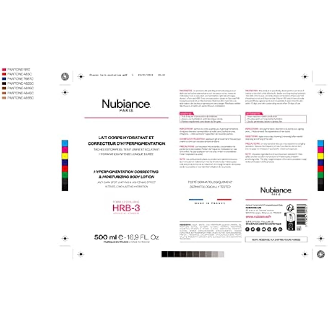NUBIANCE - Lait Corps Unifiant & Hydratant HRB-3, 500ml - Soin protecteur et Anti-Tache d'hyperpigmentation - Peaux Sèches, Mixtes et Grasse - Peau Hydratée & Souple