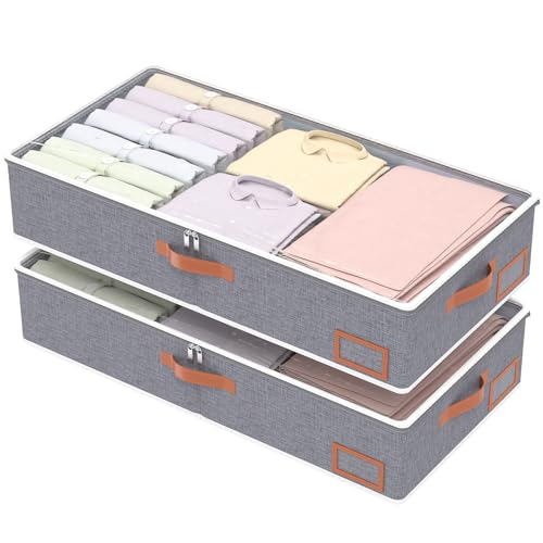 Yawinhe Foldable Under Bed Storage Bags, Closet Organizers, Large Containers with Sturdy Zipper, Clear Window and Reinforced Handles, for Bedding, 2