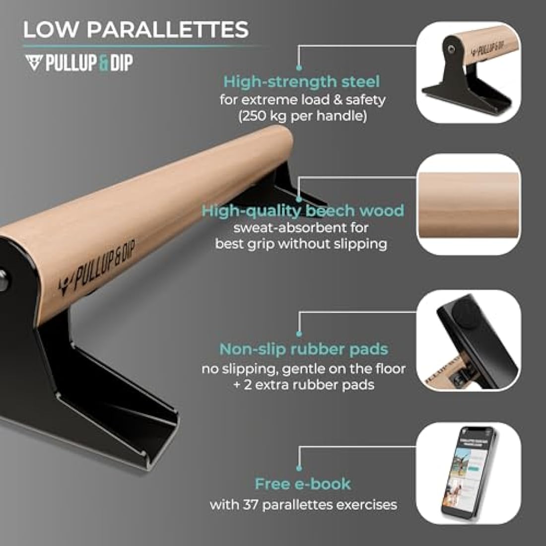PULLUP & DIP Wooden Parallettes - Low or Medium Gymnastic Bars With Ergonomical Handle for Handstand, Calisthenics and Gymnastics