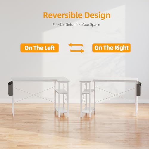 BEXEVUE L Shaped Corner Desk - 100x70 cm Study Office Gaming Desk, Computer Desk Small Writing Table, Large Reversible Storage Shelves, Bookshelf