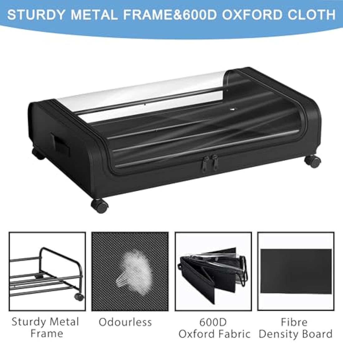 2 Pack Under Bed Storage with Wheels Lid 48L Rolling Metal Frame Underbed Containers Clear Window Storage Bag Box Organization Home Bedroom Organizer Drawer Bin for Clothes Shoes Toys Blankets Black