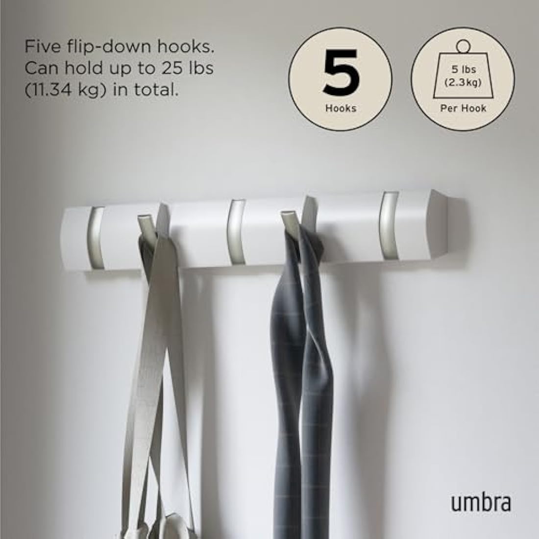 Umbra Flip 5-Hook Wall Mounted Coat Rack, Modern, Sleek, Space-Saving Coat Hanger with 5 Retractable Hooks to Hang Coats, Scarfs, Purses and More, White/Nickel