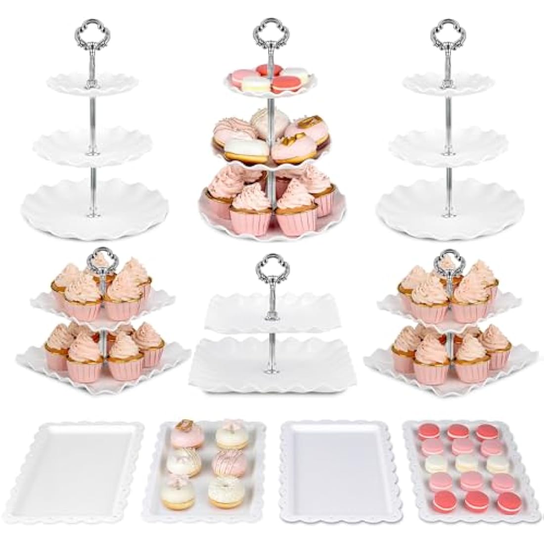 Pack of 10 NWK Cake Stand, Cupcake Stand, with 3 x Two-Tier Cupcake Stands, 3 x Three-Tier Cupcake Stands, 4 x Appetizer Trays, for Birthday Baby Bridal Shower Party (Silver)