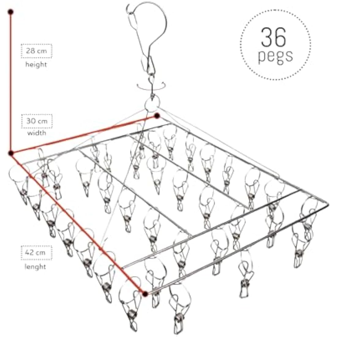 BARGAIN FACTORY Metal Sock Hanger, Stainless Steel Heavy Duty Drying Rack with 36pcs Pegs and Swivel Hook, Windproof Laundry Metal Square Hanger for Socks, Underwear and Small Items.
