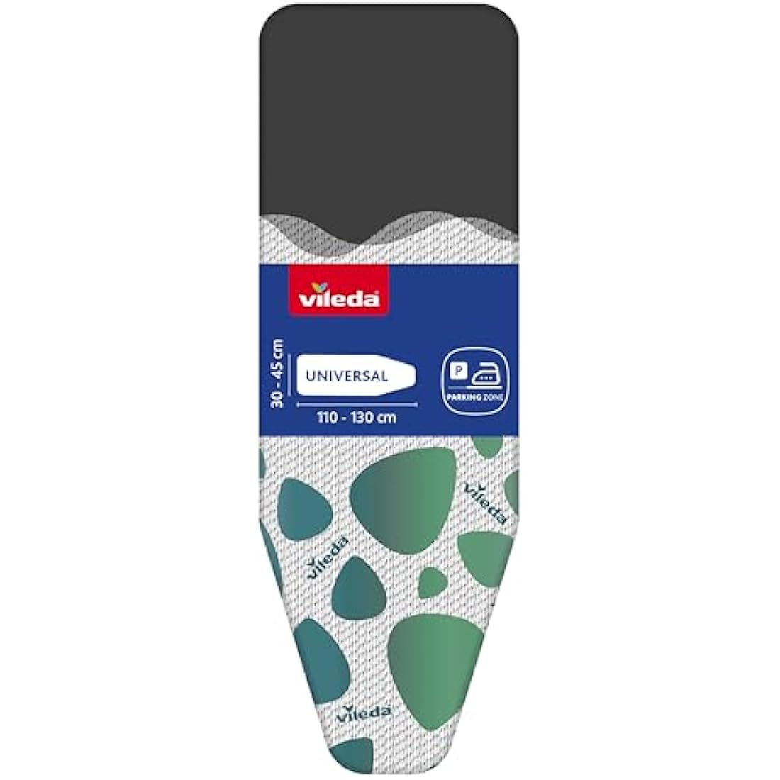 Vileda Park and Go Ironing Board Cover with Heat Resistant Parking Zone - Universal Size 30-45cm wide by 110-130cm long - Mint Grey