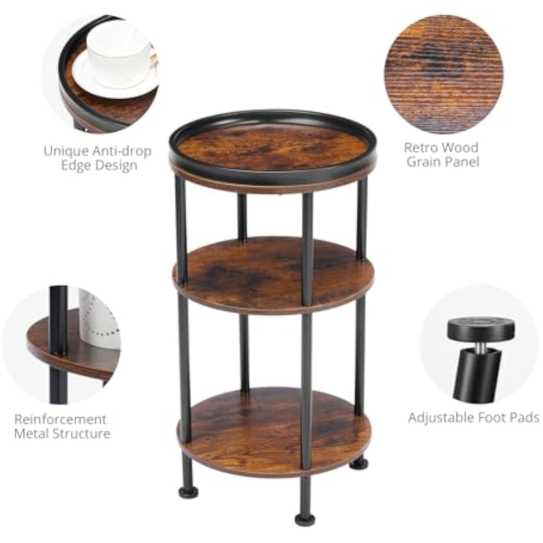 YEAKOO Nordic End Table, 3-Tier 30cm Round Side Table with Storage Shelf Edge Protection Tray, Sturdy Metal Frame Coffee Table Bedside Table for Living Room Bedroom Small Spaces-Rustic Brown