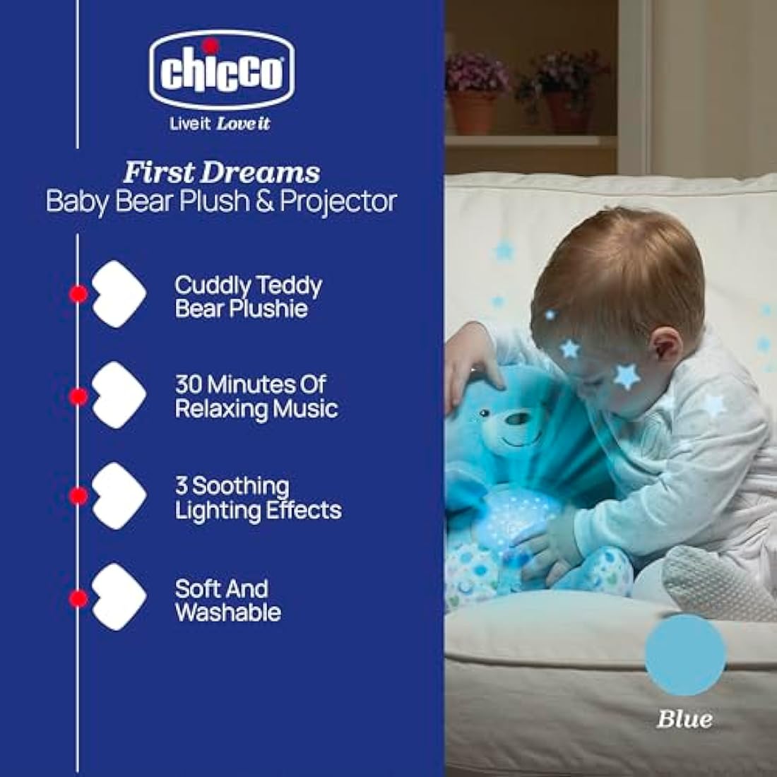 Chicco First Dreams Teddy Bear with Night Light, Blue | Projects Stars, Lighting Effects, Relaxing Music, Calming for Baby