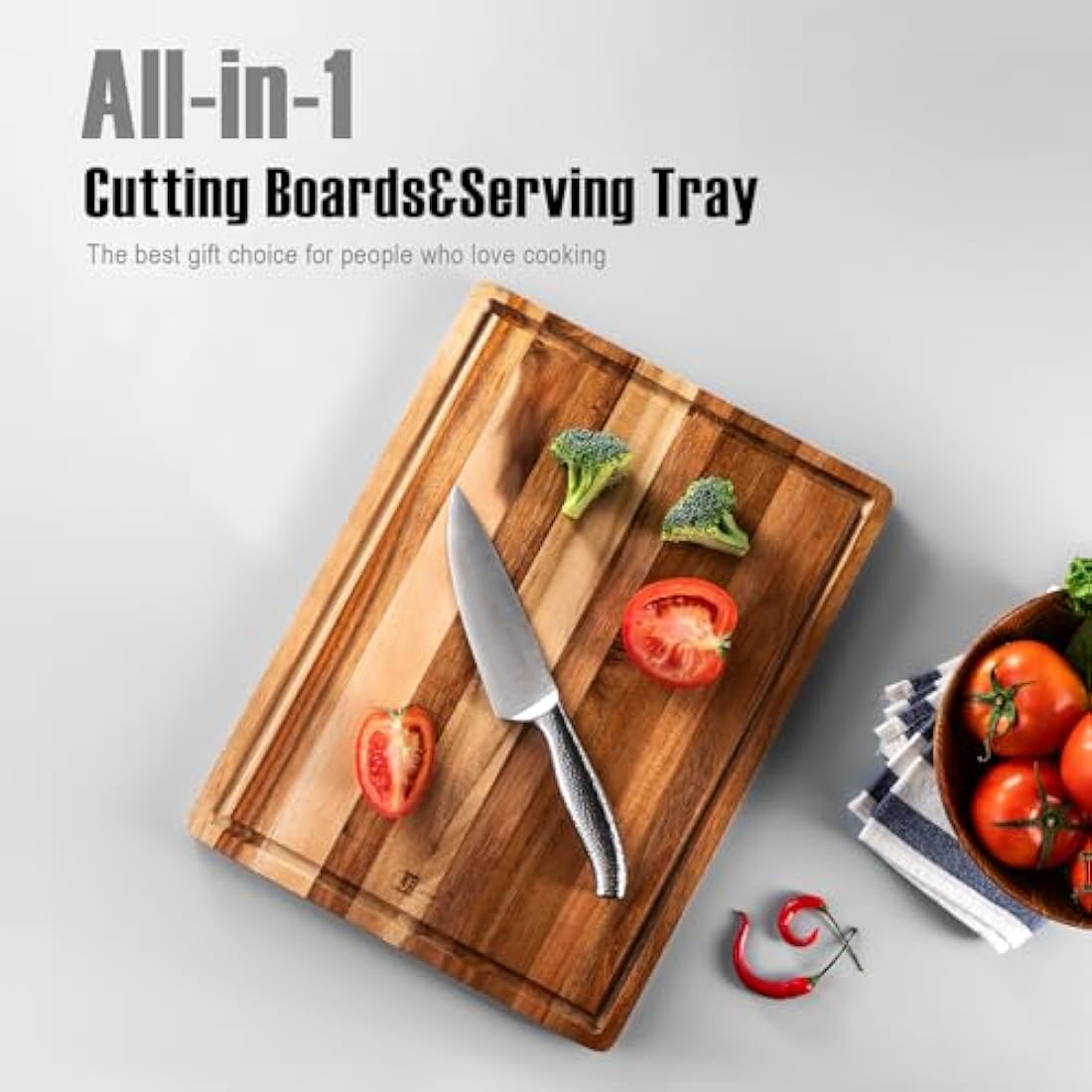 Wood Chopping Board,James.F Thick Acacia Wooden Chopping Board with Juice Groove, Reversible Wood Serving Cutting Board for Kitchen,Charcuterie Board for Meat Bread Cheese(40 x 30 x 1.8 cm)