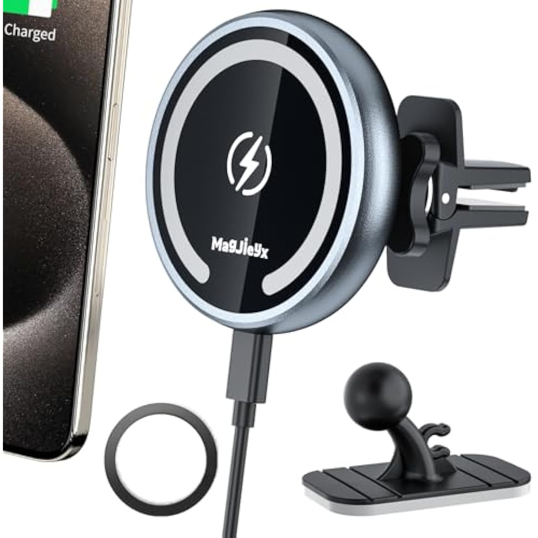 MAGJIEYX for Magsafe Car Mount Charger, 15W Magnetic Wireless Car Charger 360° Rotation Phone Holder Fast Charging for iPhone 16 15 14 13 12 MagSafe Case 2 in 1 Dashboard Air Vent Car Accessories