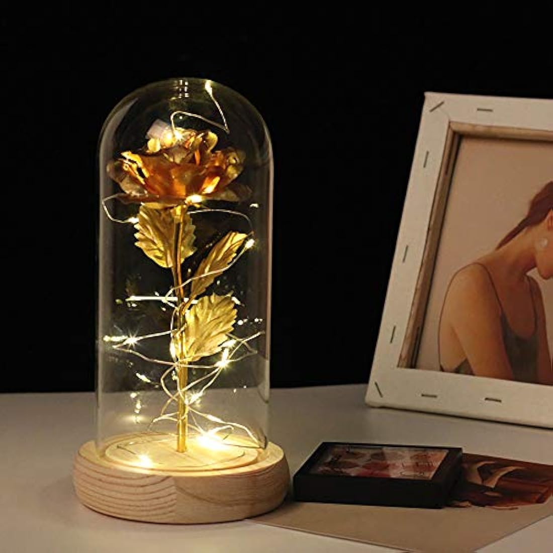 TINYOUTH 24K Golden Rose in Glass Dome, Gold Plated Light Up Flowers Batteries Included Rose Gifts for Women/Her/Mum Wedding Anniversary Valentines Birthday Xmas