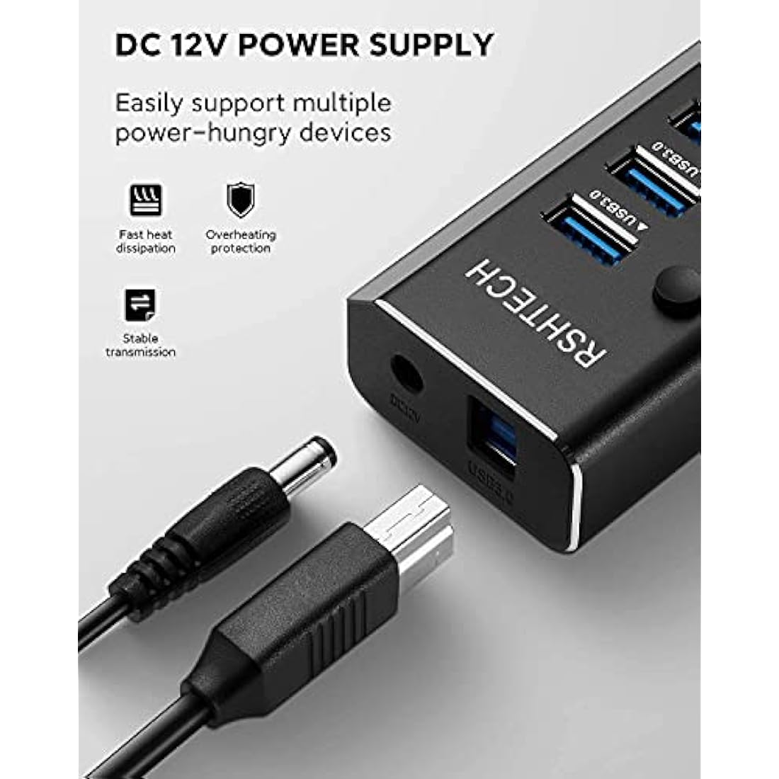 RSHTECH Powered USB 3.0 Hub Aluminum 10 Port USB 3.0 Data Hub with 12V/3A (36W) Power Adapter and Individual On/Off Switches & LED (RSH-A10)