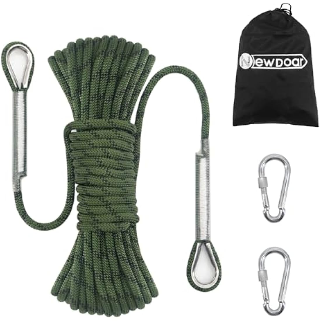 NewDoar 14KN Static Climbing Rope 8mm Accessory Cord Equipment 33FT(10M) 66FT(20M) 98FT(30M) 165FT(50M) Escape Rope with 2 Carabiners for Ice Climbing Fire Rescue Rope Safety Rope