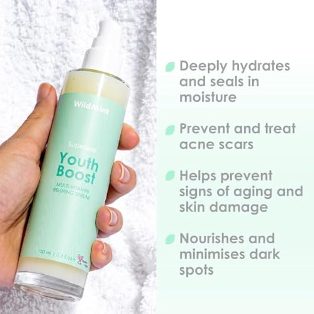 WildMint Youth Boost Natural Face Serum | Hydrating Anti-Aging Serum for Sensitive, Dry, Mature & Menopause Skin | Hyaluronic Acid & Vitamin C | UK Made Vegan & Cruelty-Free Skincare | 100ml
