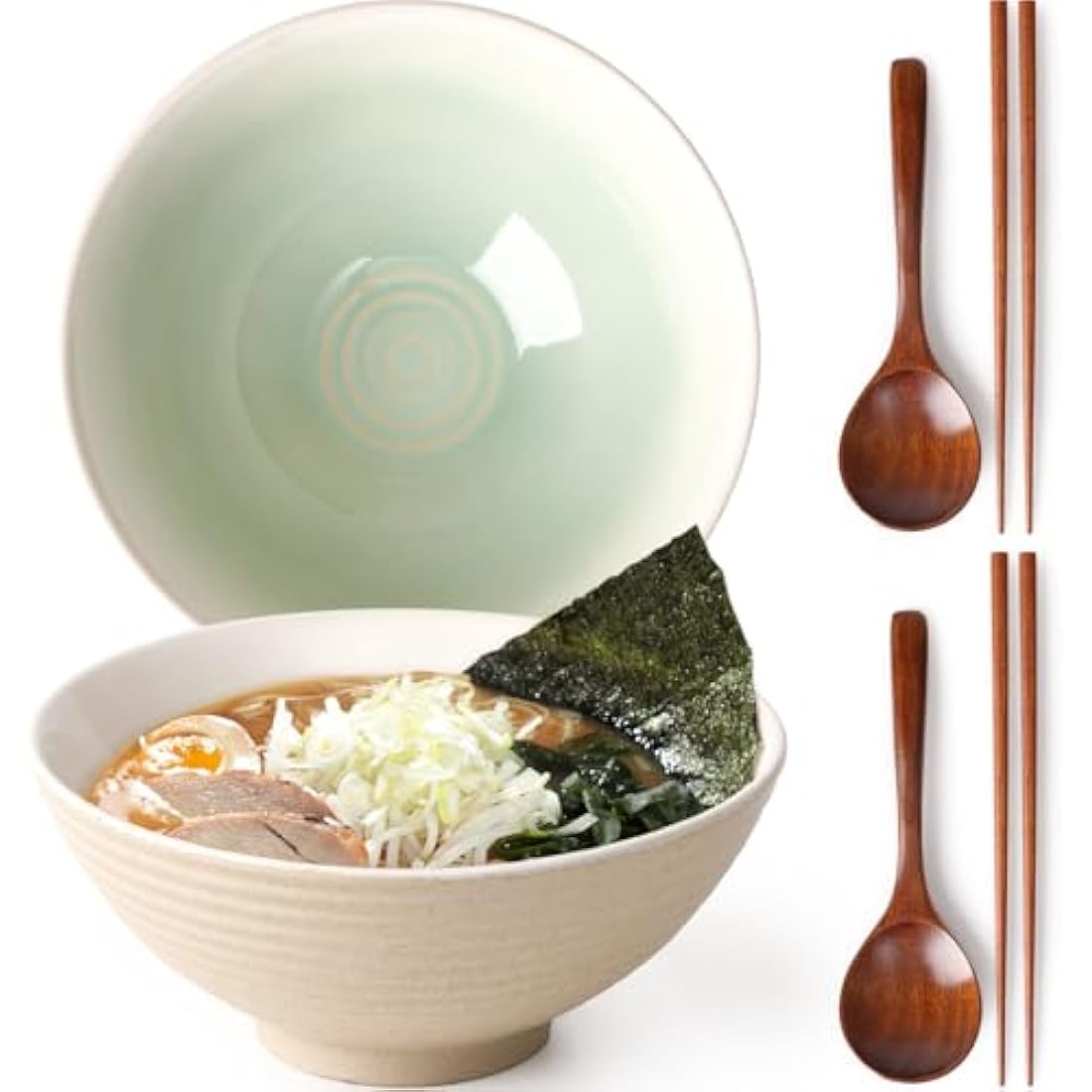 NUTRIUPS 1200ml Ceramic Ramen Bowl Set of 2 Noodle Bowls with Chopsticks and Spoons(Teal)