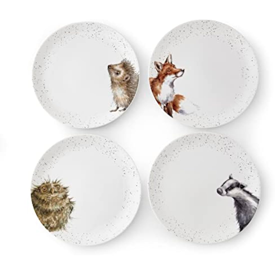 Wrendale Designs Royal Worcester Ceramic Plate in Two Sizes Hedgehog Badger Fox and Owl Set of 4 (26 CM Dinner Plate)