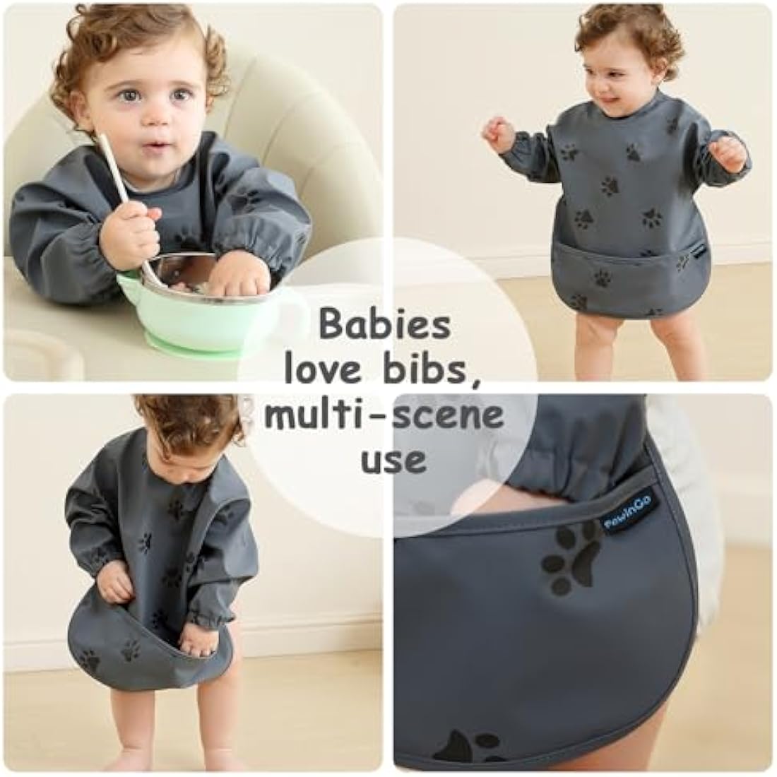 PewinGo Weaning Bib with Long Sleeves & BLW, Soft and Skin-Friendly Material, Coverall Bibs for Baby Feeding, Waterproof and Easy to Clean & Machine Washable, for Baby Infant Toddlers (Dark Grey)