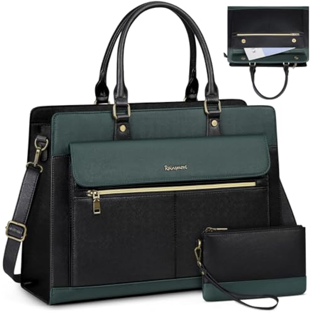 RAINSMORE Laptop Bags Handbags for Women 15.6 Inch PU Leather Large Tote Bag Work Bag with Clutch Bag Designer Women's Bags Ladies Laptop Handbag for School Green