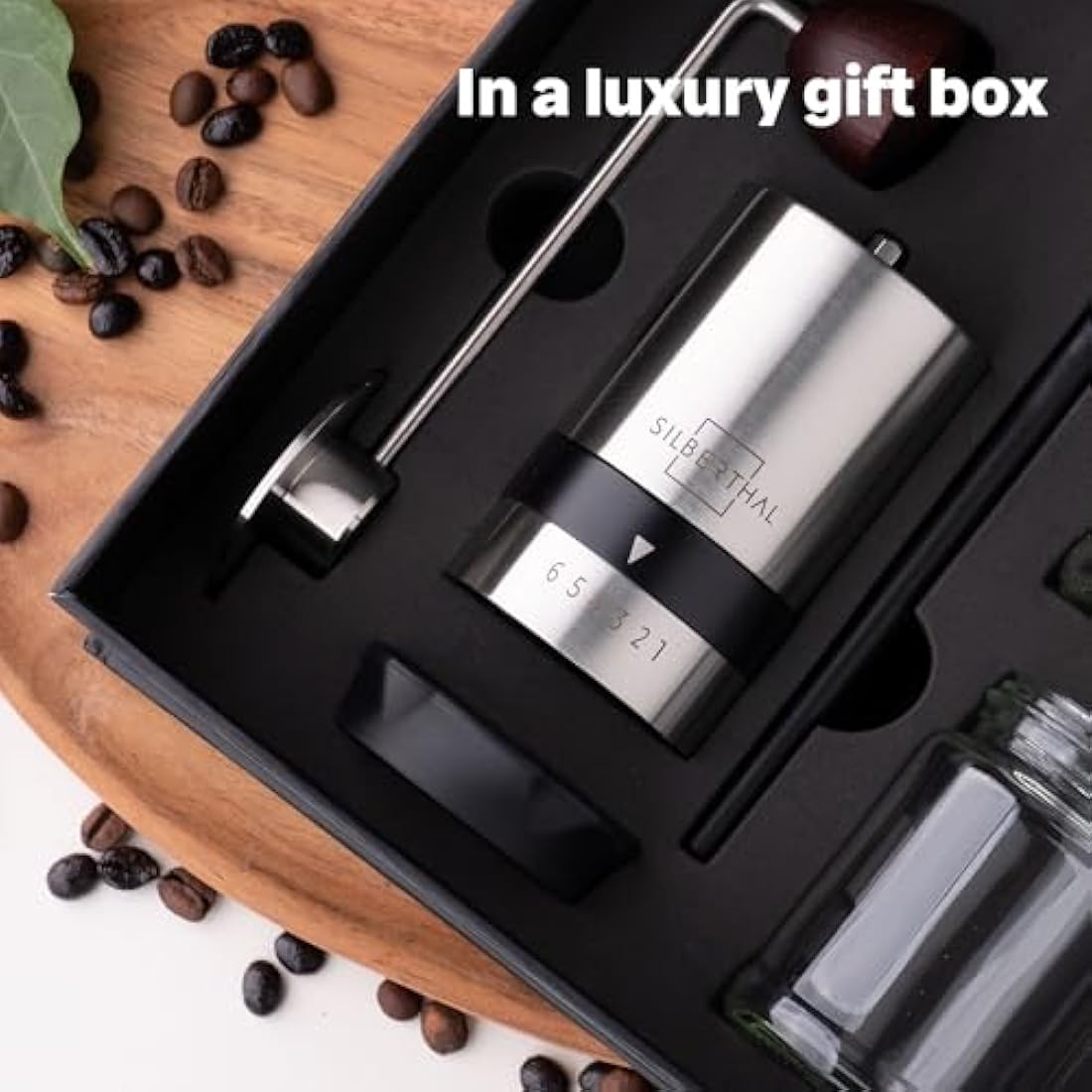 SILBERTHAL Manual Coffee Grinder – Stainless Steel – 6 Adjustable Levels – Portable Coffee Bean Grinder – with Storage Container and Cleaning Brush