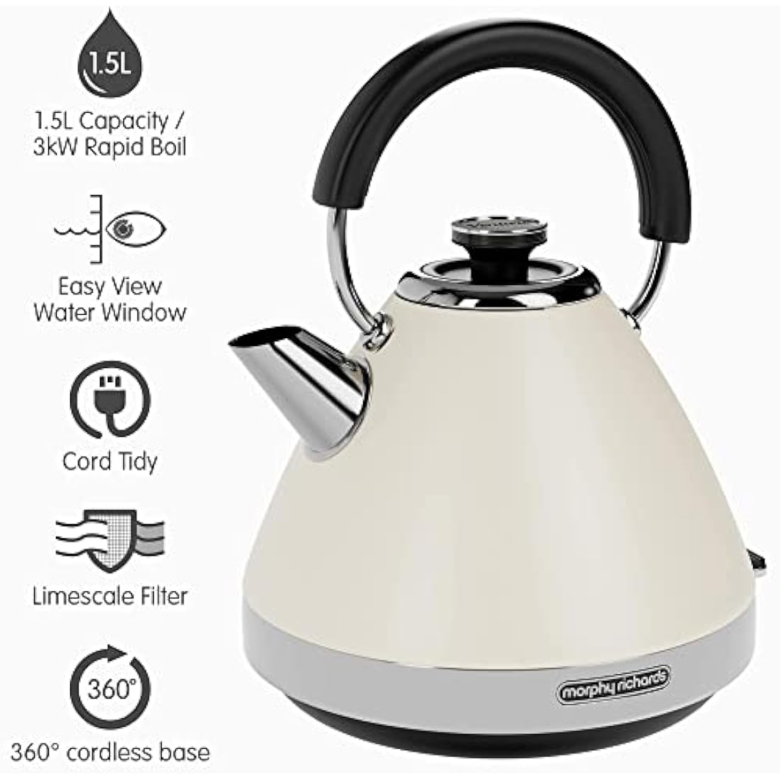 Morphy Richards Venture Cream Pyramid Kettle - 1.5L - 3kW - Rapid Boil - 100132