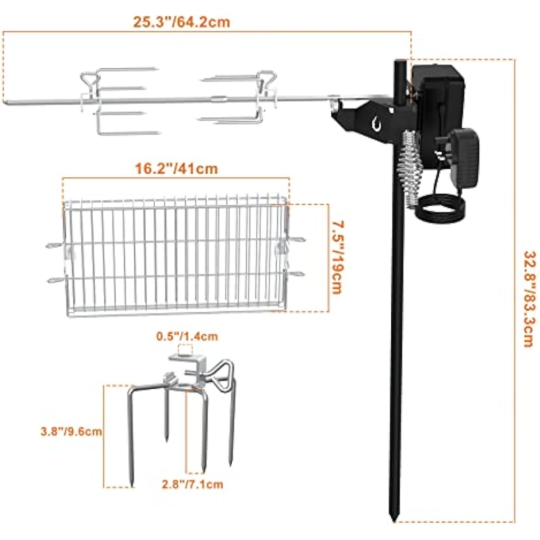 onlyfire BBQ Rotisserie Grill Kit Floor Stand Spit Roaster including Rotisserie Basket, Spit Forks, Battery Motor with Power Adapter, Car Charging Cable, Carrying Bag for Outdoor Camping Barbecue