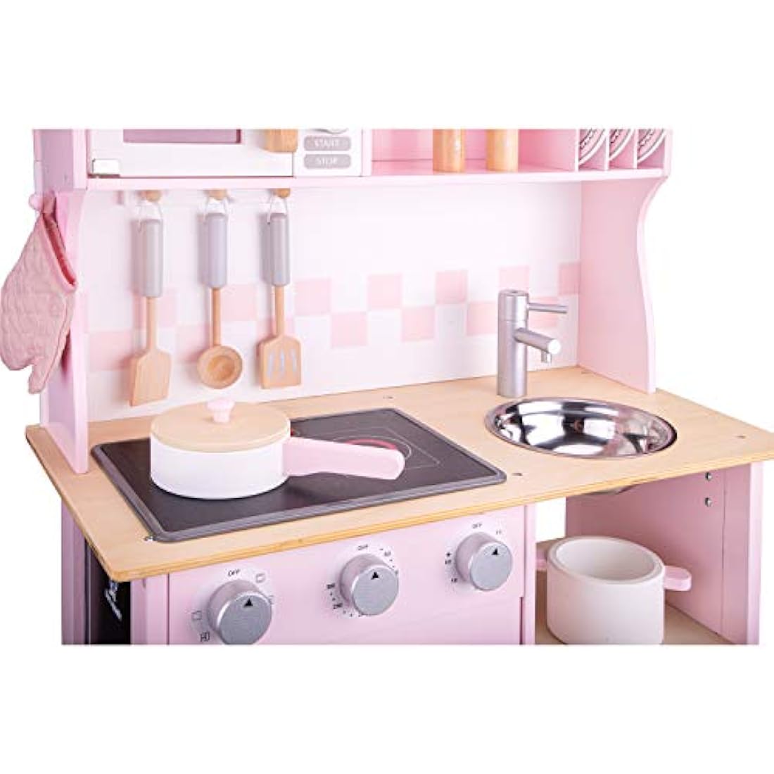 New Classic Toys 11067 Wooden Pretend Toy Kitchen for 3Y+, for Kids Included Accessoires-Comes with Electric Cooking Plate-Makes Sound, Pink