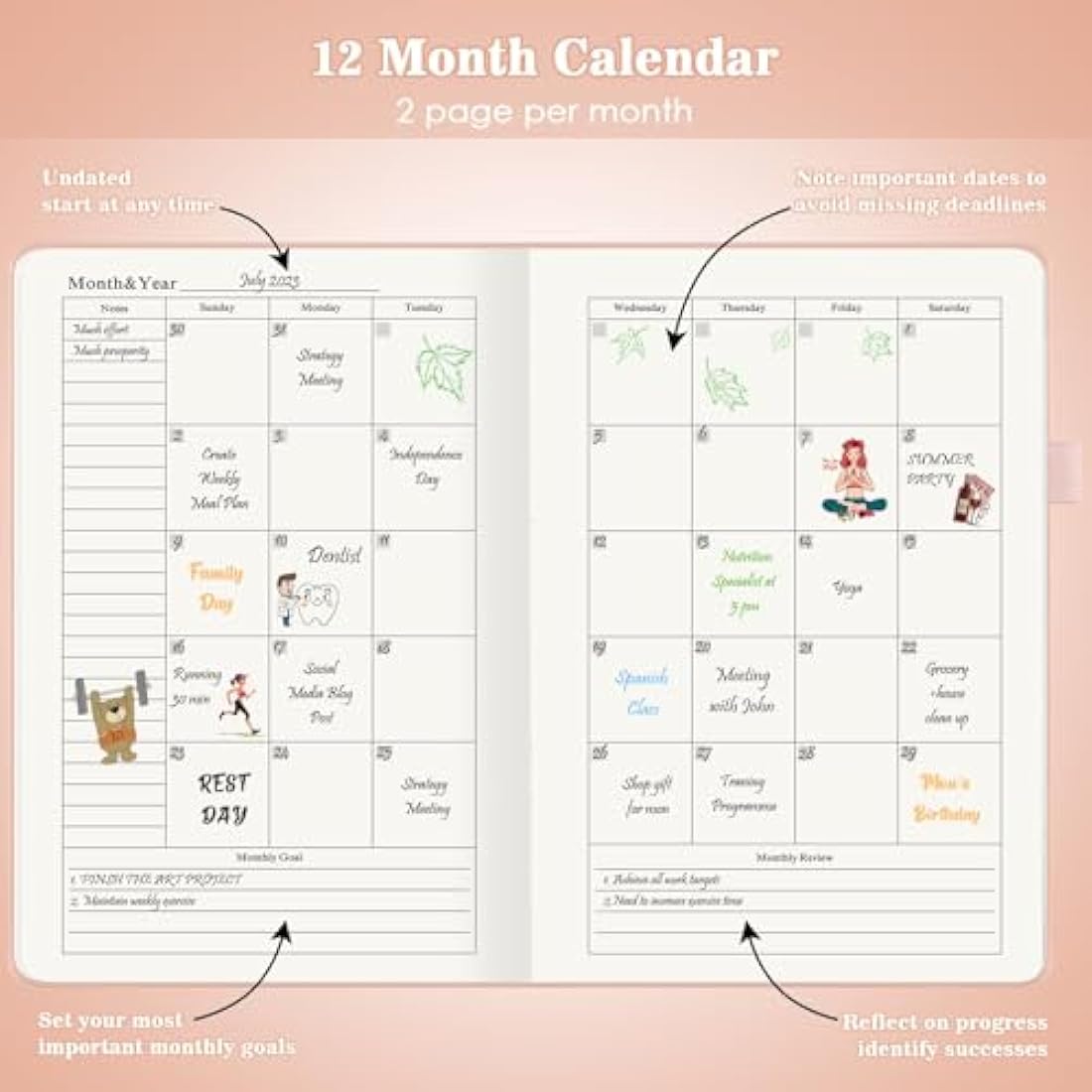 Planner, Undated Daily Planner with To Do List, 365 Days Planner for ADHD, Agenda for Women Men, Hourly Planner Notebook for Goal Setting, Productivity Organizer with Calendar, 8.3" x 5.8" (Pink)