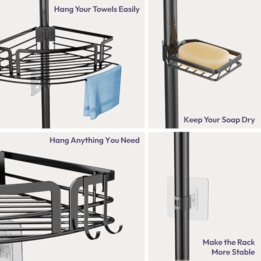 SWTYMIKI Telescopic Shower Caddy Corner - Rustproof Shower Corner Shelves with Towel Bar & Soap Holder, Adjustable No Drilling Organizer for Bathroom Storage With 4 Baskets,27.6-108.3 inch, Black